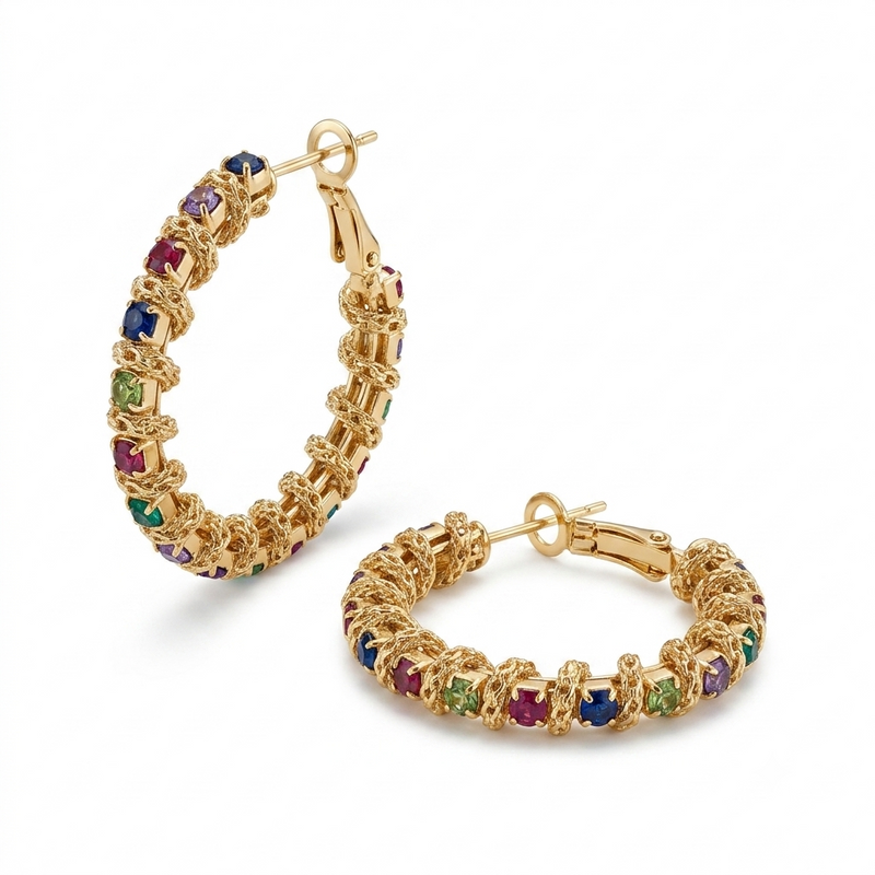 Rainbow Gemstone Gold-Plated Hoop Earrings