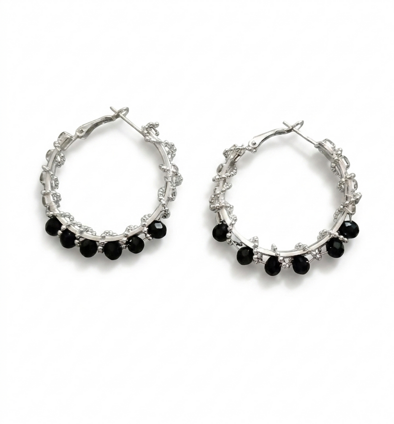 Silver-Tone Black Beaded Hoop Earrings