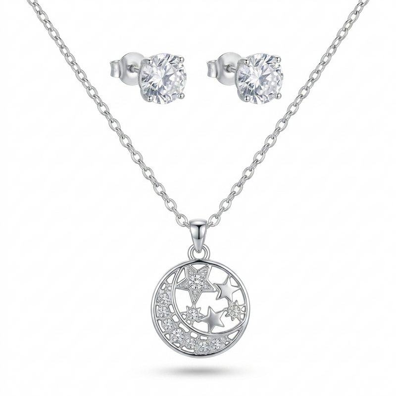 Moon & Stars Crystal Pendant Necklace Set with Stud Earrings