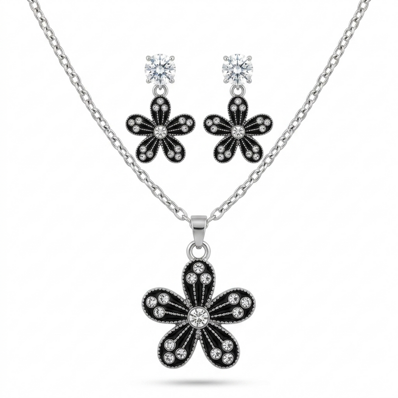 Black Floral Crystal Pendant Necklace Set with Matching Earrings