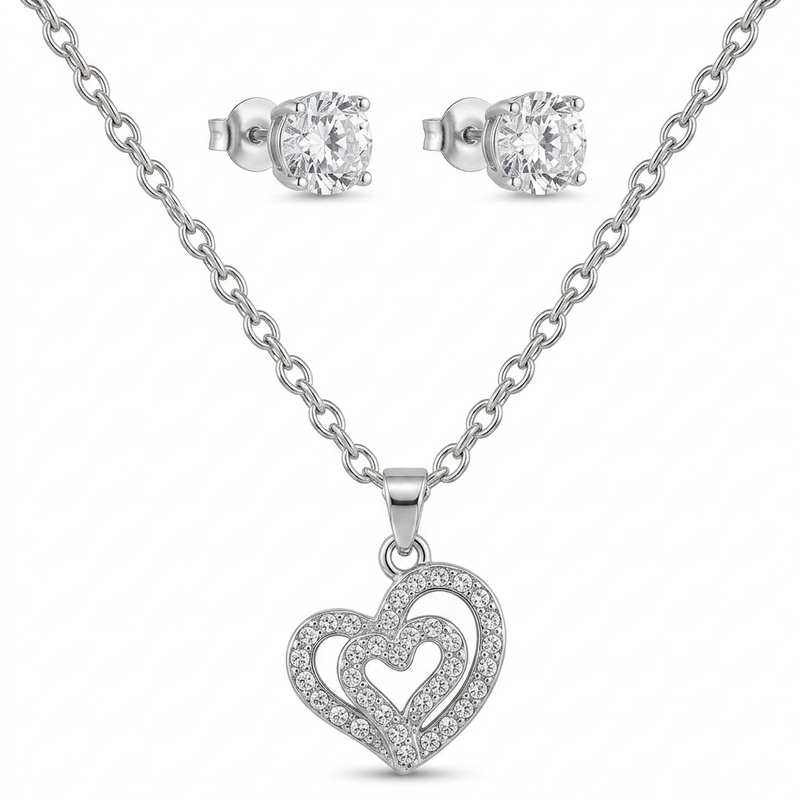 Double Heart Crystal Pendant Necklace Set with Stud Earrings